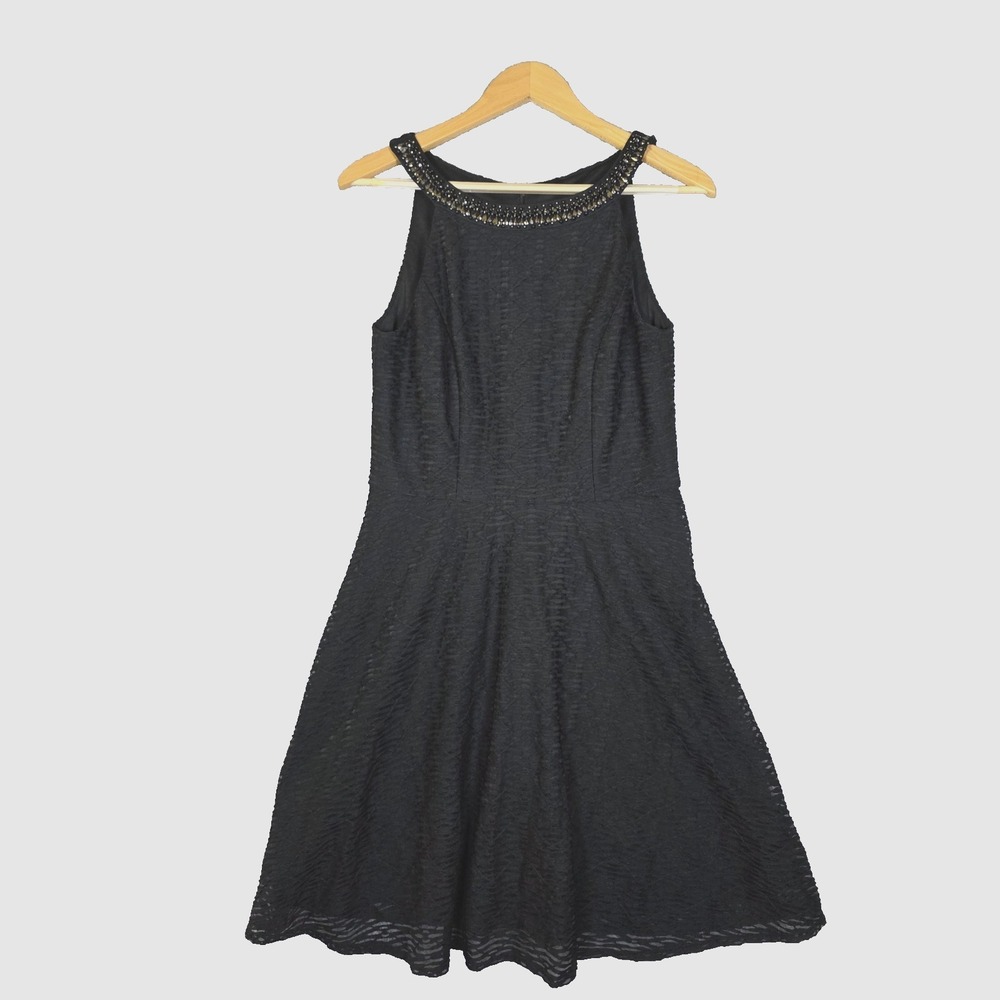 Sandra Darren Black Cocktail Dress 10 Embellished Rhinestone Neck Textured Flare